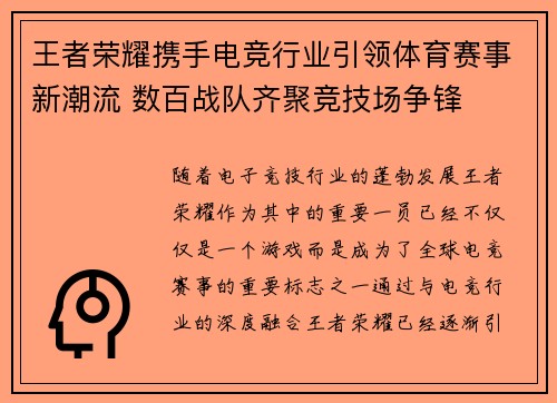 王者荣耀携手电竞行业引领体育赛事新潮流 数百战队齐聚竞技场争锋